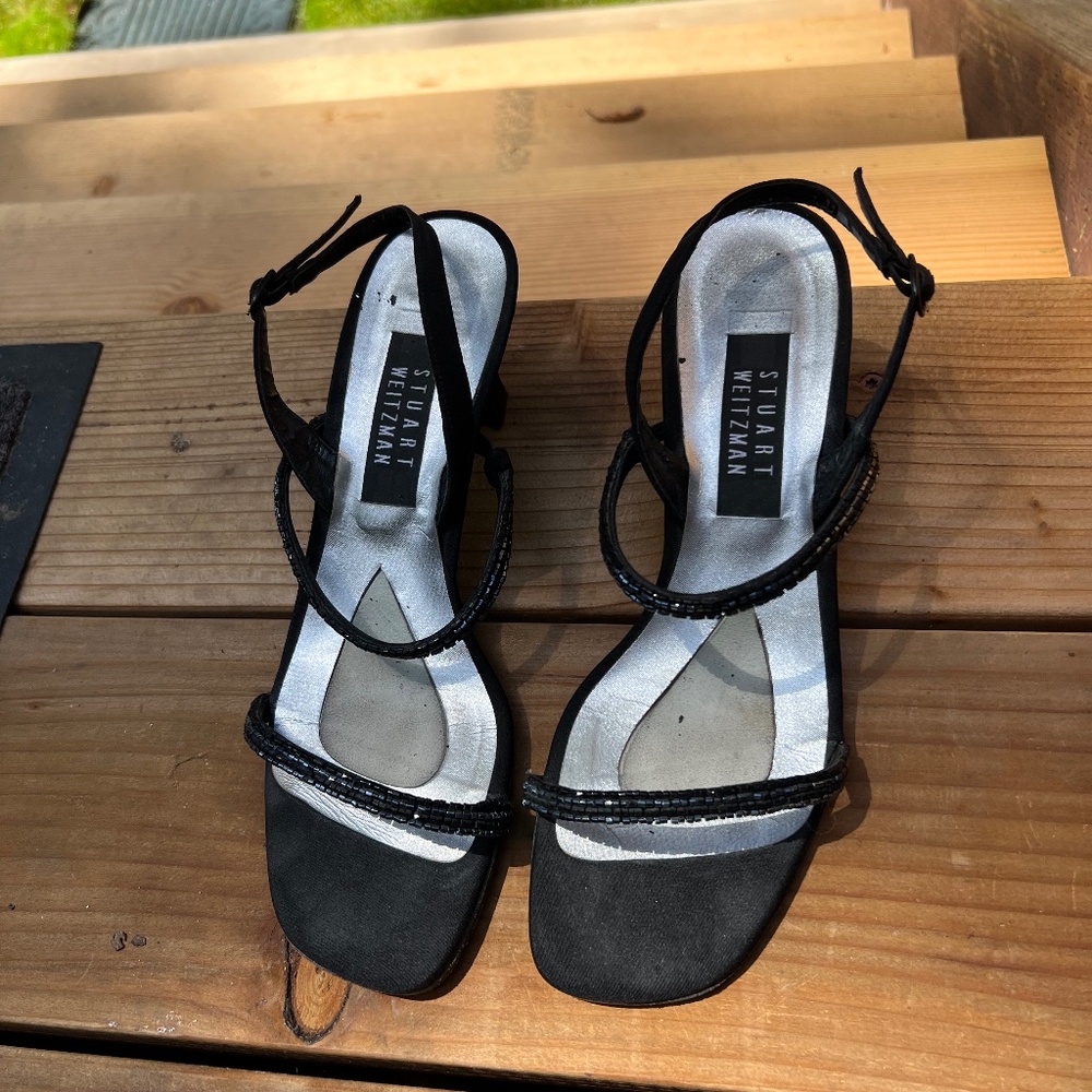 Stuart Weitzman dress sandals, low heel, beaded.